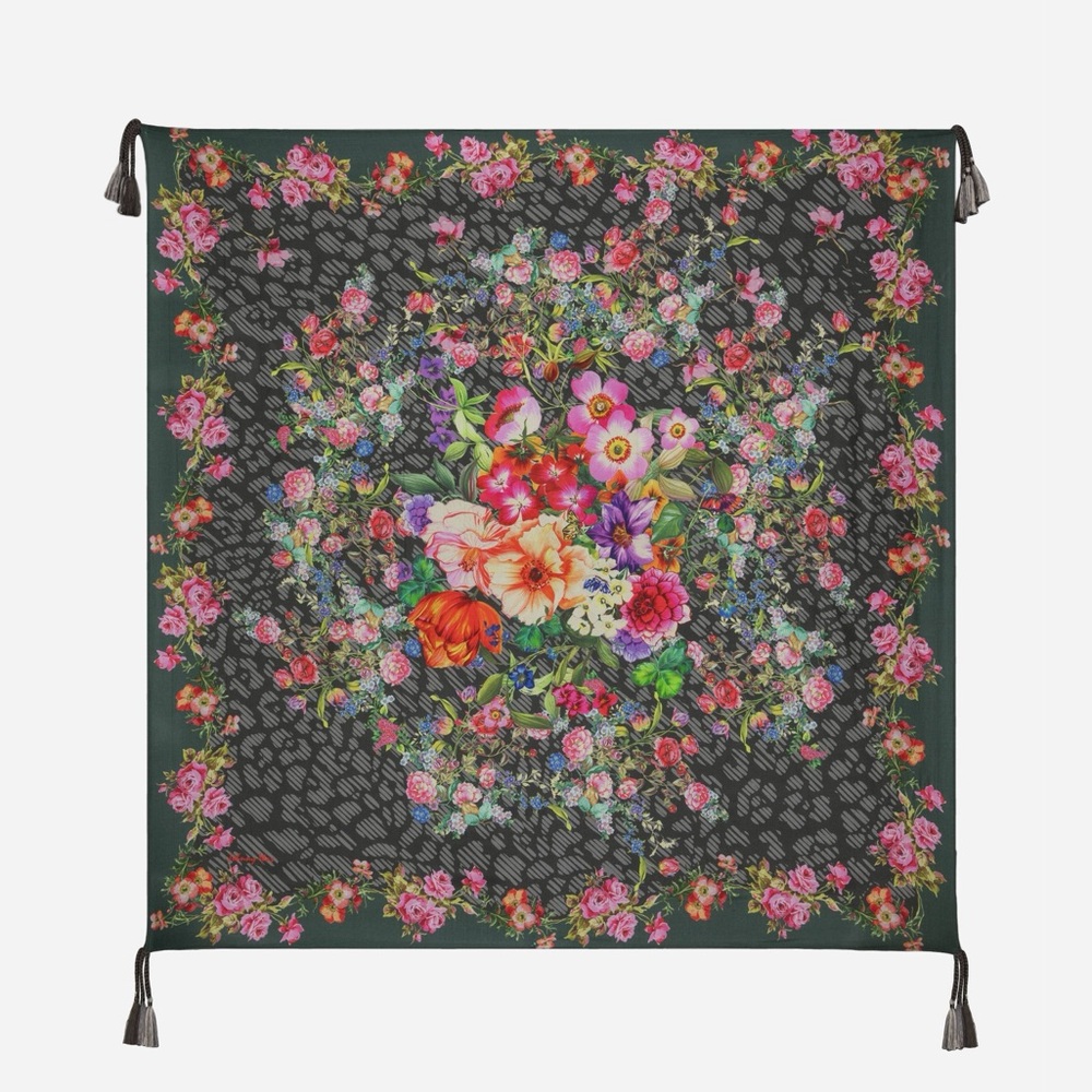 Johnny Was 100% Silk Scarf Rosey Rain Tassles Swim Coverup‎ Wrap Floral Flowers